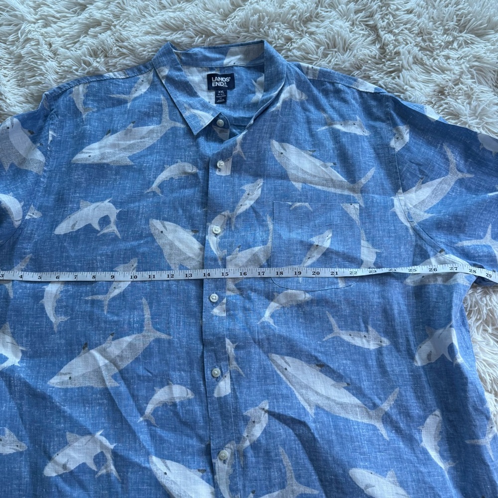 Lands' End 100% Linen Blue Shark Novelty Print Casual Shirt Size XXL - Picture 6 of 7